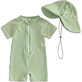 Nibbcoa Toddler Baby Boys Seersucker Short Sleeve One Piece Rash Guard Swimsuit Zipper Bathing Suit Swimwear with Hat