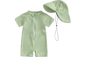Nibbcoa Toddler Baby Boys Seersucker Short Sleeve One Piece Rash Guard Swimsuit Zipper Bathing Suit Swimwear with Hat