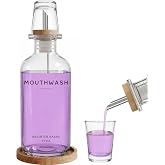 Glass Mouthwash Dispenser for Bathroom by Brighter Barns - Refillable Mouthwash Container with Glass Cup and Bamboo Tray - Mouth Wash Dispensers for Bathroom Sink, Home Decor, Office, Gifts (Clear)