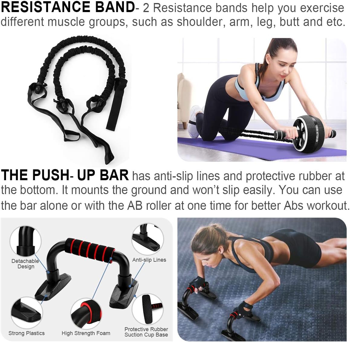 LUYATA Ab Roller Wheel, 10-in-1 Ab Wheel Roller Kit with Resistance Bands, Knee Mat, Jump Rope, Push-Up Bar - Home Gym Equipment for Men Women Core Strength & Abdominal Exercise Workout : Sports & Outdoors