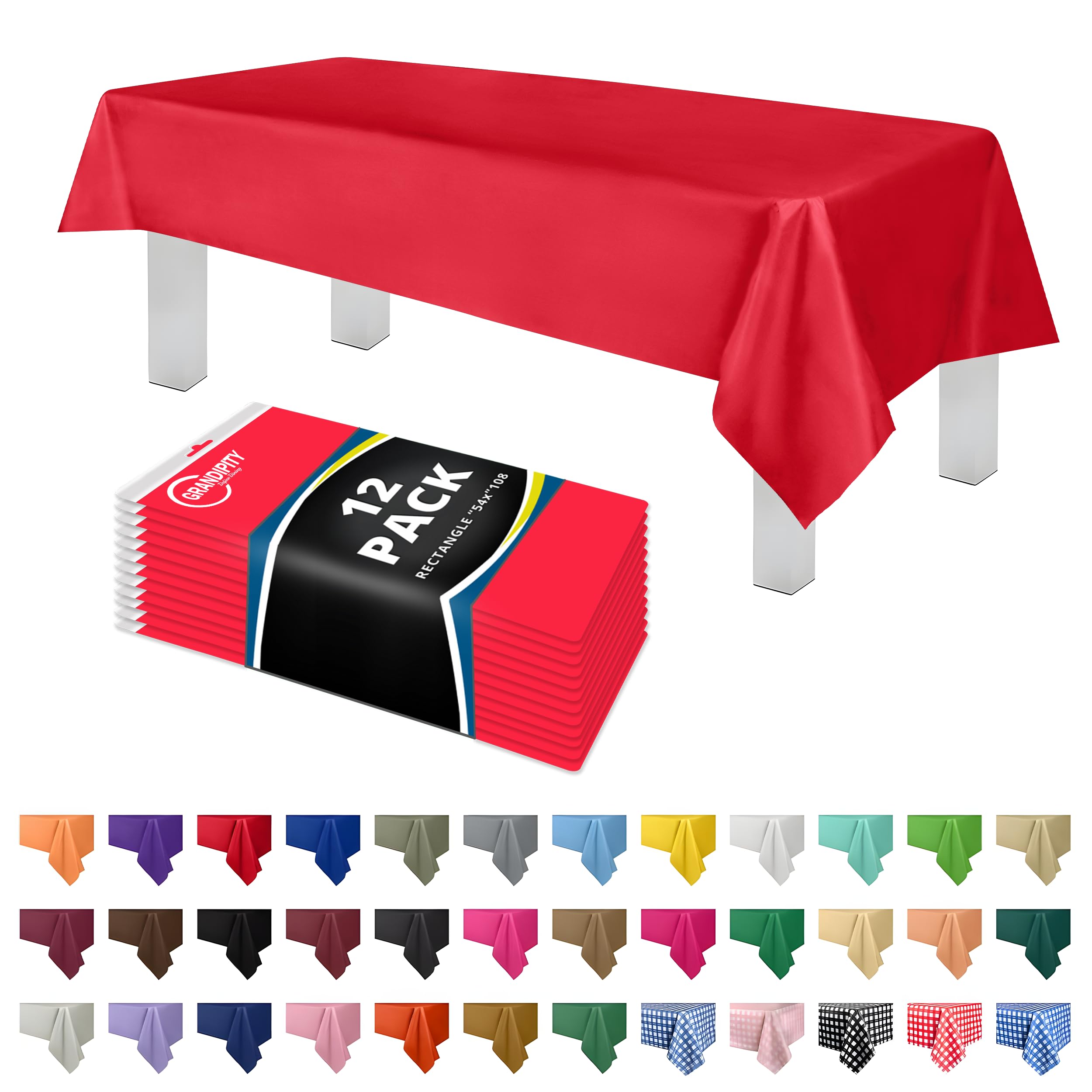 Grandipity Red 12 Pack Premium Plastic Tablecloth 54 Inch. x 108 Inch. Rectangle Table Cover By Dluxware — image 1
