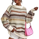 Talakeno Womens Contrast Striped Sweater Rainbow Cable Knit Pullover Oversized Crew Neck Color Block Knitted Sweater