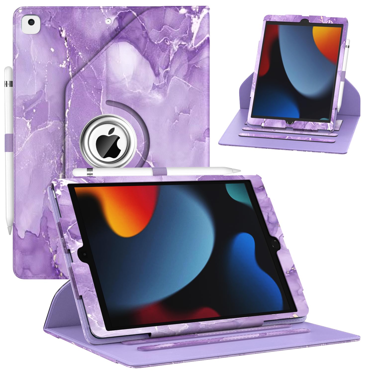 ZoneFoker Case for iPad 9th/ 8th/ 7th Generation, iPad 10.2 inch Case 2021/2020/2019, 360 Degree Rotating Stand, iPad 9 8 7 Gen 10.2'' Leather Cover with Pocket Design & Pencil Holder, Marble Purple