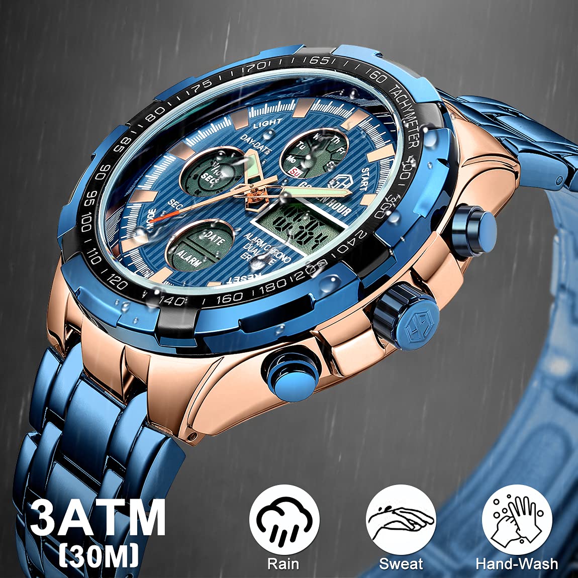 Affute Armbanduhr für Herren, Schwerer Chronograph aus Edelstahl, wasserdicht, mit Datums- und Alarmfunktion, Analog-/Digitalanzeige (Rose Gold Blue)