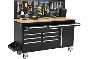 61-Inch Workbench, Rolling Tool Chest 10 Drawers, Mobile Tool Storage Cabinet with Rubber Wood Top, Tool Storage Organizer wi