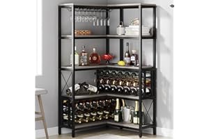 Tribesigns Large Corner Wine Rack, 5-Tier L Shaped Industrial Freestanding Floor Bar Cabinets for Liquor and Glasses Storage, Wooden Wine Bottle Holder Shelf for Home Kitchen (Grey)