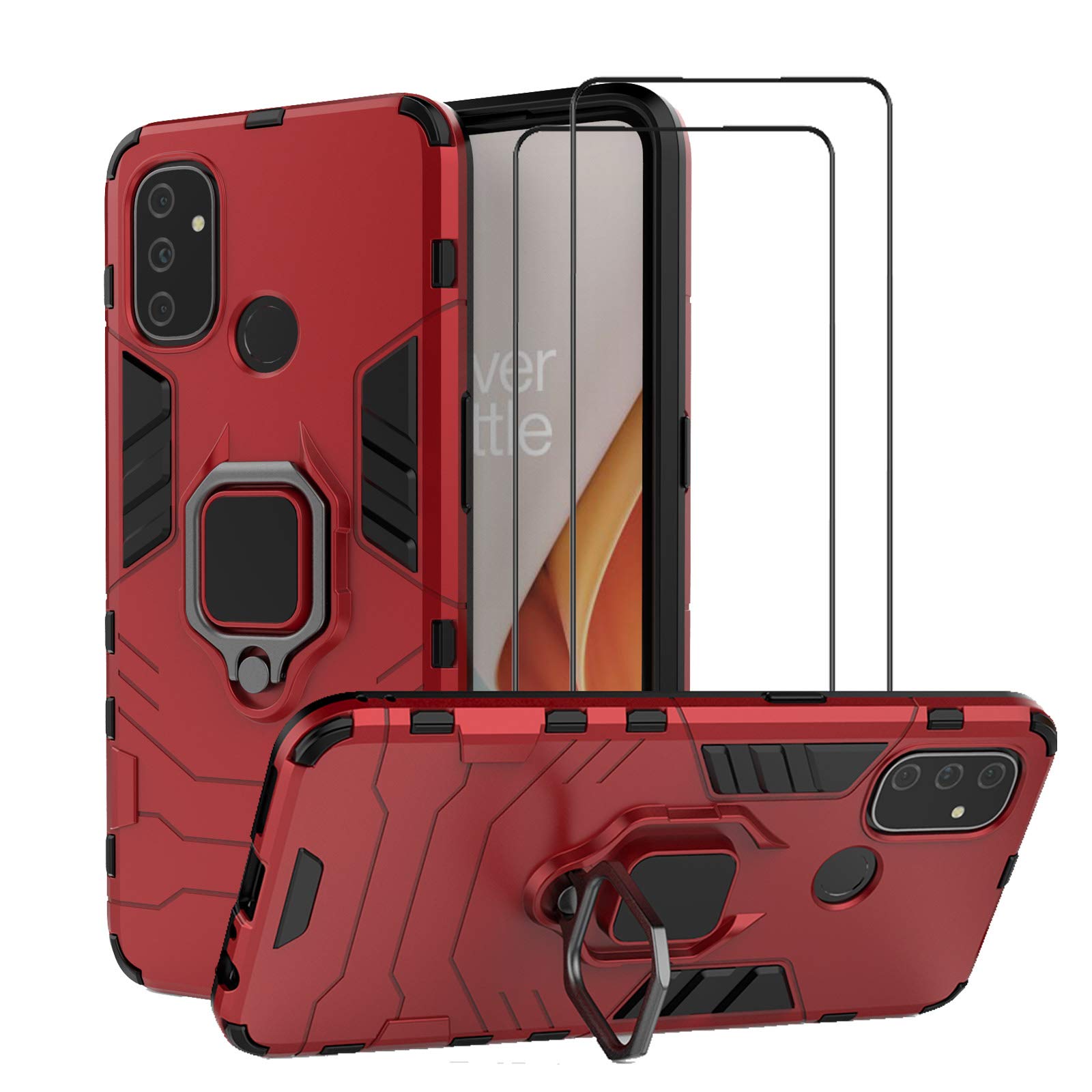 MMlife for OnePlus Nord N100 Kickstand Case with Tempered Glass Screen Protector [2 pieces], Hybrid Heavy Duty Armor Dual Layer Anti-Scratch Case Cover, Red
