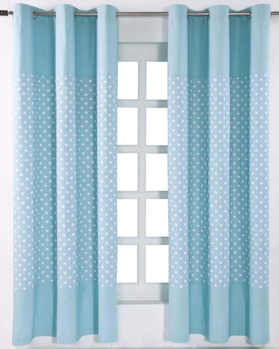 HOMESCAPES 100% Cotton Unlined Eyelet Curtain Pair - Stars - Blue - 137cm (54") Wide x 182cm (72") Drop, W 53.9" x L 71.7" (2 Panels) - Image 3