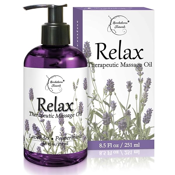 RELAX THERAPEUTIC BODY MASSAGE OIL – WITH BEST ESSENTIAL OILS FOR SORE MUSCLES & STIFFNESS – LAVENDER, PEPPERMINT & MARJORAM – ALL NATURAL – WITH SWEET ALMOND, GRAPESEED & JOJOBA OIL 8OZ