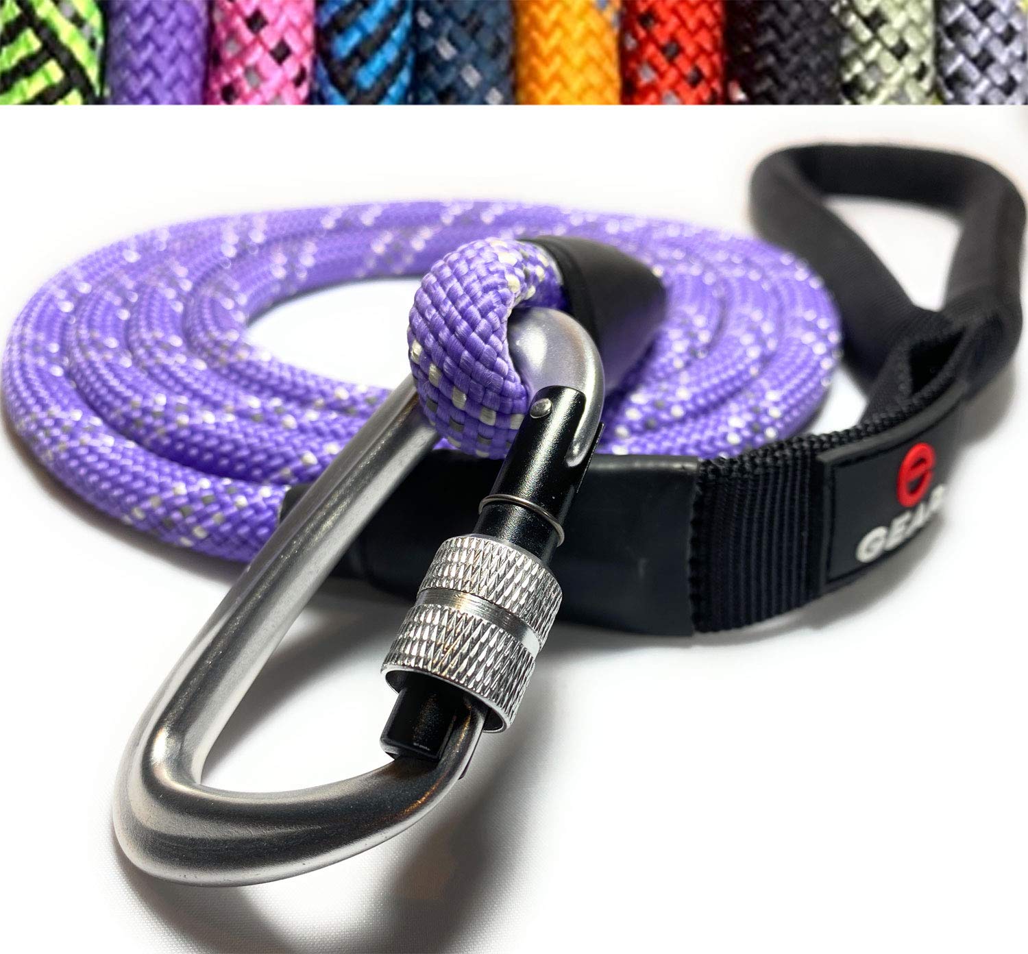 Locking Carabiner Dog Leash – Heavy Duty Rope Leash for Large & Medium Dogs | Reflective with Strong Clip & Padded Handle for Walking, Hiking, Running, Training - 6 Ft (Purple)