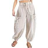 Yinawsky Women Drawstring Striped Pants Loose Wide Leg Casual Lounge Pants with Pockets