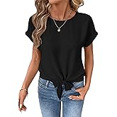 EVALESS Womens Bow Knot Hem Short Sleeve Blouses Dressy Casual Summer Crewneck T Shirts Going Out Tops