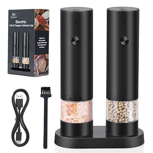 iWarmbase Electric Salt and Pepper Grinder Set, USB Rechargeable Electric Pepper Grinder Mills with Storage Base - Adjustable Coarseness Spice Grinder Set Washable Container for Kitchen/Picnic/BBQ.