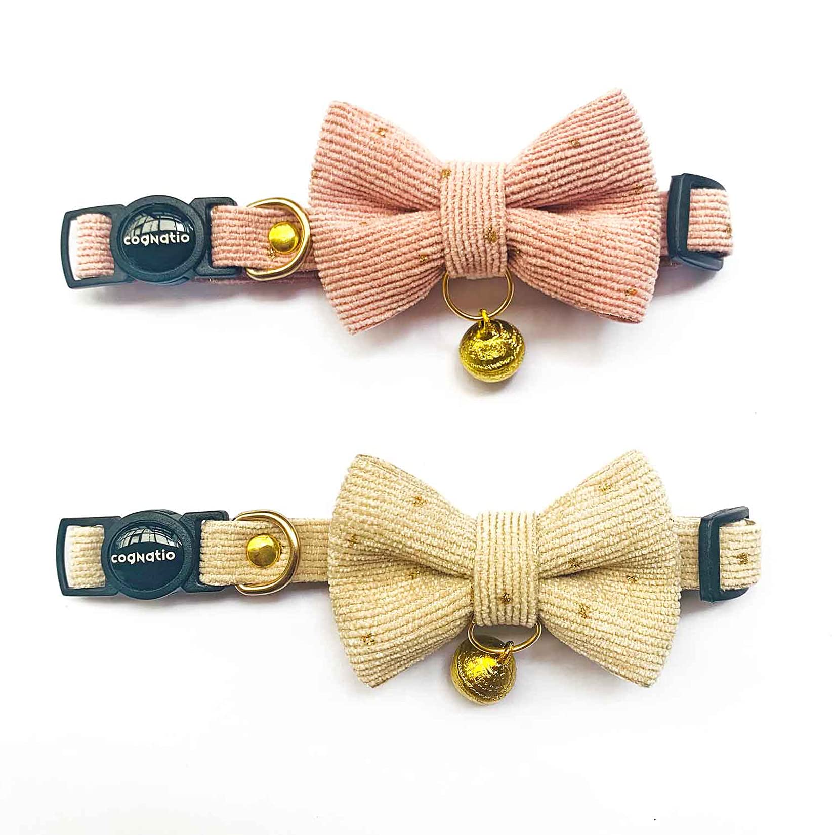 Cognatio Safety Quick Release Cat Collars, Soft Kitten Collars with Detachable Bow Tie and Bell, Pack of 2, Adjustable 20-30 cm (Pink+Cream)