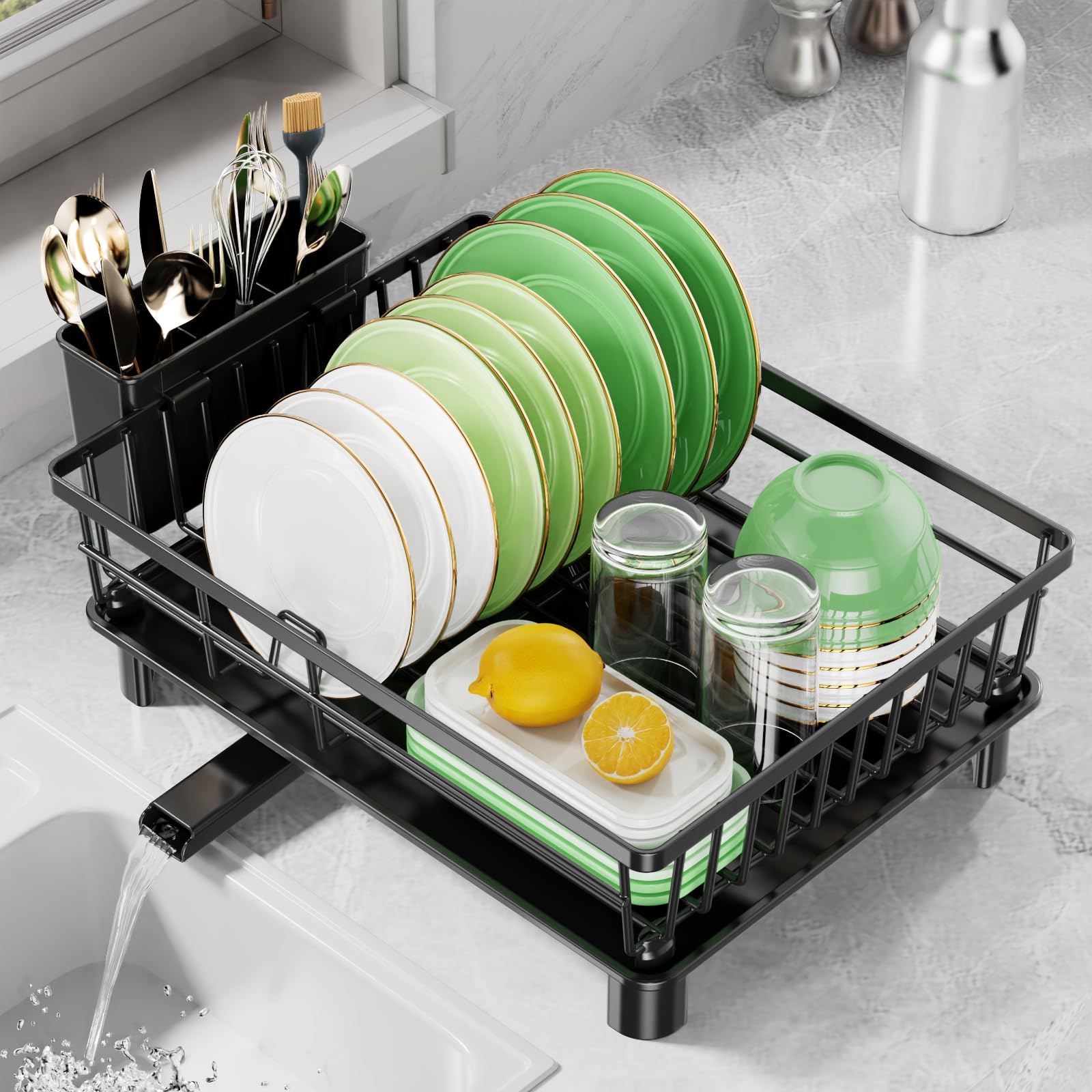 Photo 1 of CosyPic Dish Drying Rack for Kitchen Counter, Stainless Steel Drainer Anti Rust, Smart Drainage System Drainboard with Detachable Cutlery Holder, Handwash Dish Helper for Home, Apartment Space Saving