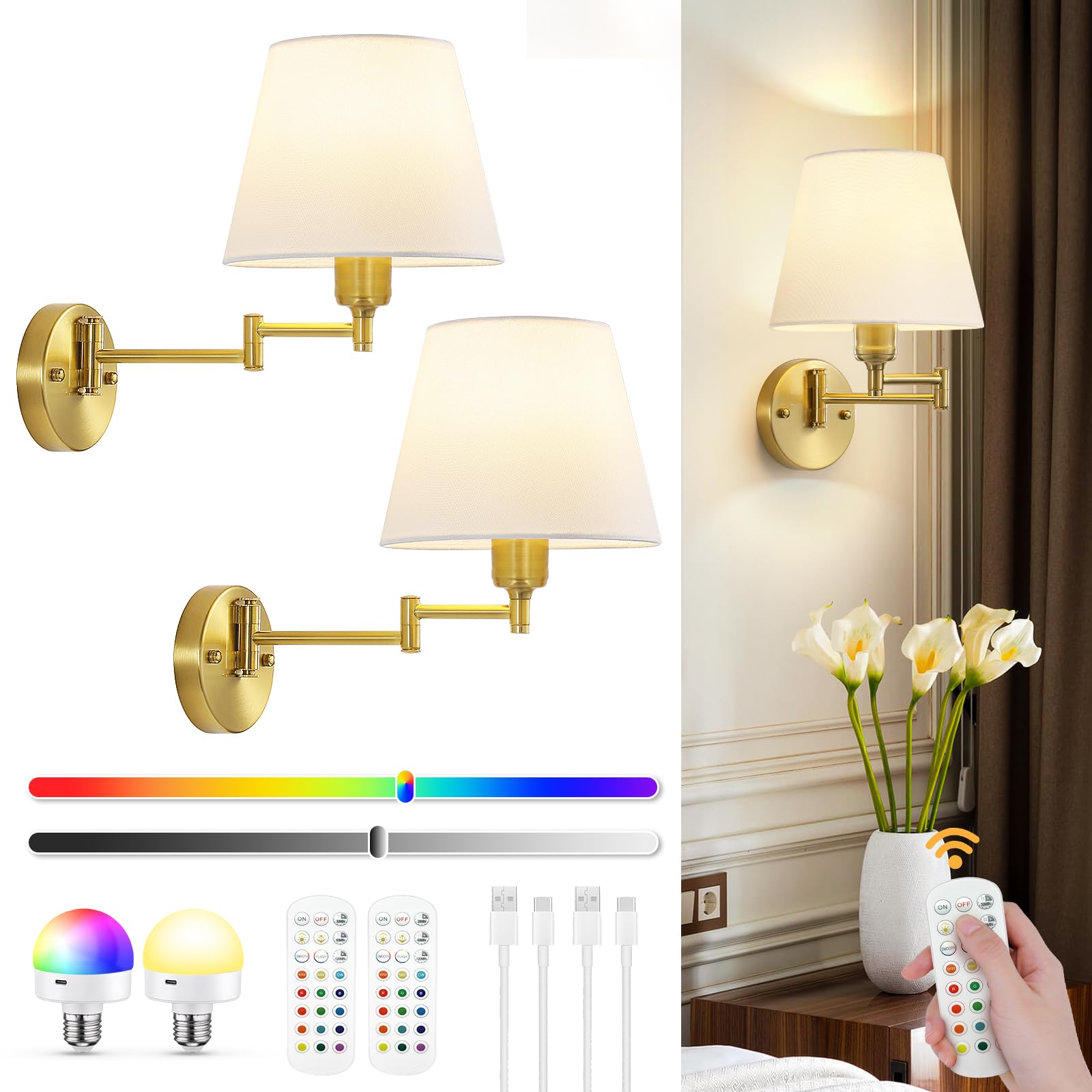 Photo 1 of XMLHL Battery Operated Wall Sconce Set of 2, Wireless Rechargeable Wall Lights Sconce Set of Two, Adjustable Swing Arm Wall Lamps with Remotes Dimmable RGB Bulbs, Wall Decor for Home Bedroom (Brass)