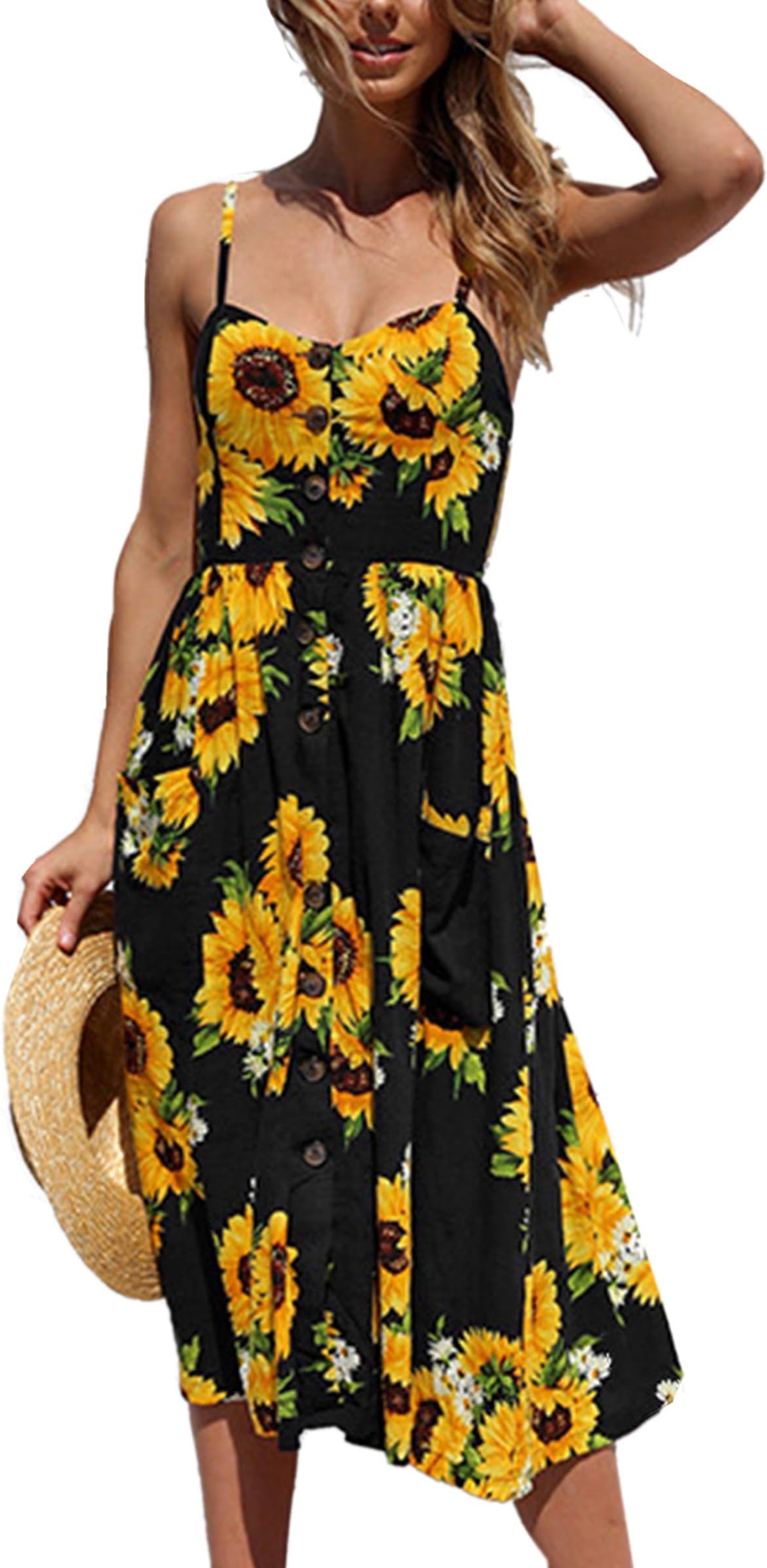 Women's Dresses-Summer Floral Bohemian Adjustable Spaghetti Strap Button Down Swing Midi Dress with Pockets