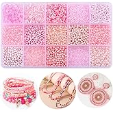GorgGorho 15 Color 4mm Small Assorted Glass Seed Beads,3mm Bugle Beads Friendship Bracelet Kit,2mm Tiny Tube Bead for Jewelry Making(Pink)