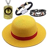 TFYU Straw Hat Cospaly Costume Party Men’s and Women’s Beach Sun Hat Ruffy Necklace Skeleton Bracelets Anime O.P Jewelry with Stickers Total 24 pcs