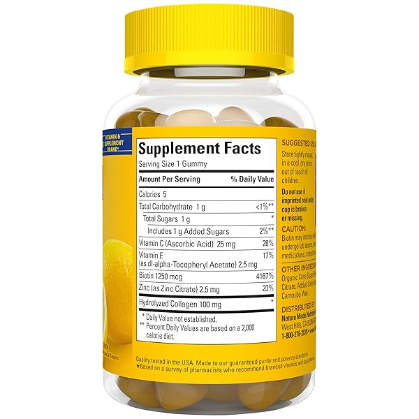 NATURE MADE COLLAGEN GUMMIES WITH VITAMIN C, ZINC AND BIOTIN, HYDROLYZED COLLAGEN PEPTIDES SUPPLEMENT FOR HEALTHY SKIN SUPPORT, 60 GUMMIES, 60 DAY SUPPLY