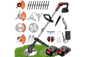 DOMPOU Weed Wacker, Electric Weed Wacker, String Trimmer with 2 Batteries and Charger, Grass Trimmer Lawn Mower Edgerr with 3 Types of Blades, Brush Cutter with Retractable Length and 90° Rotating Head
