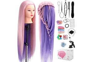 TopDirect 29" Mannequin Head with Hair,Doll Head for Cosmetology Hair Styling Training Head,Manikin Braiding Head With Clamp Holder and Styling Tools (Pink Purple)