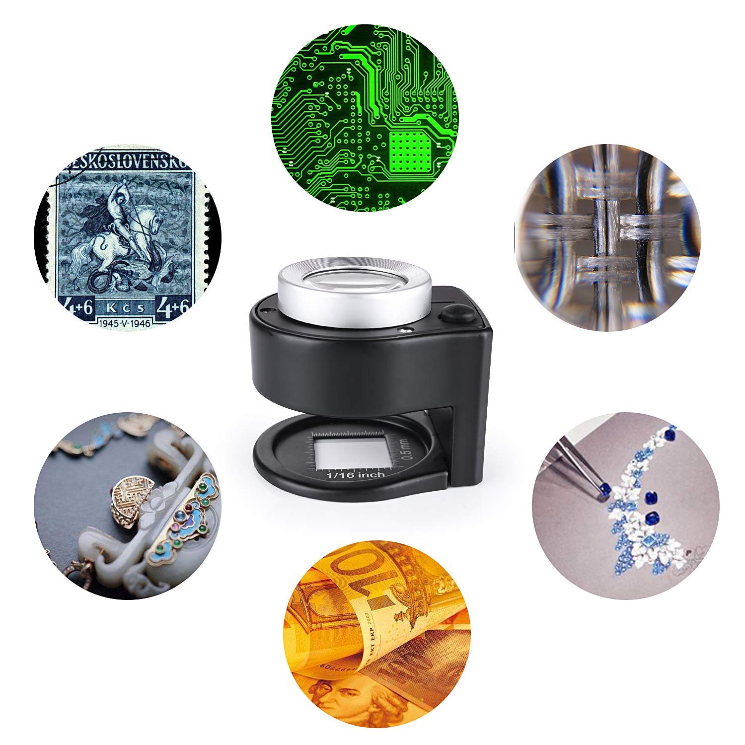 30X Loupe Magnifier with 6 Light, Desktop Portable Metal Magnifier Folding Scale Sewing Magnifying Glass for Textile Optical Jewelry Tool Coins Currency (Black)