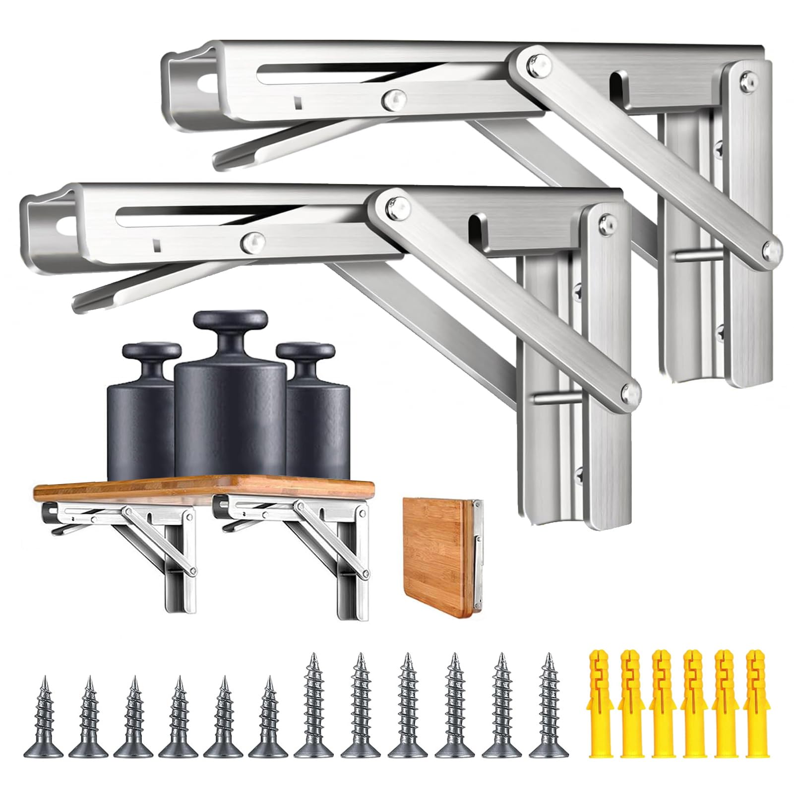 Photo 1 of 16'' Folding Shelf Brackets Max. Load 580 lb, Heavy Duty Stainless Steel DIY Wall Mounted Shelf Bracket Space Saving for Table Work Bench, 2 Pack