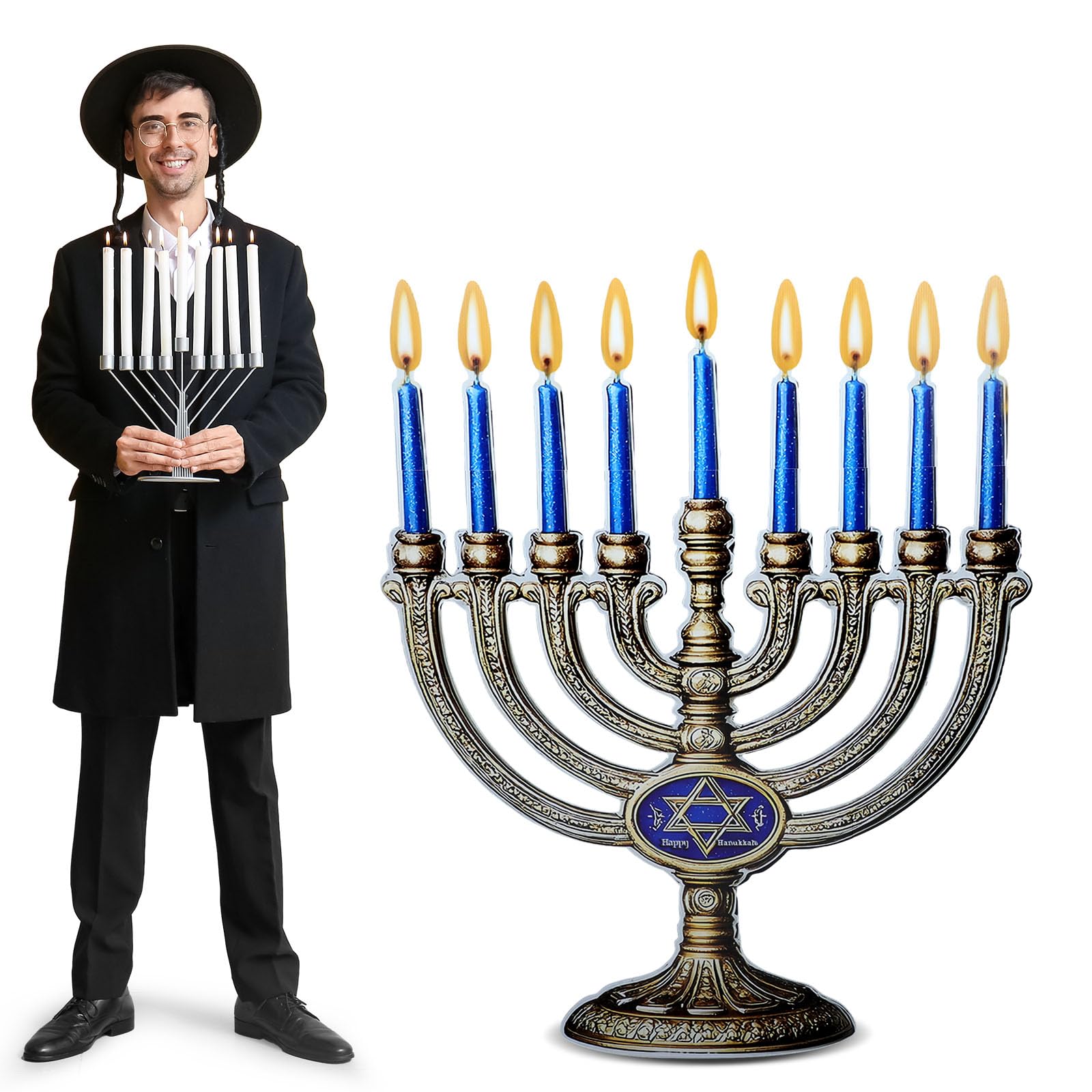 Photo 1 of Beeveer 4ft Hanukkah Menorah Cardboard Stand up Cutout Life Size Hanukkah Jewish Festival Party Decoration Backdrop Photo Prop Stand up Religious Blue Enamel Menorah Standup Cardboard for Party Supply