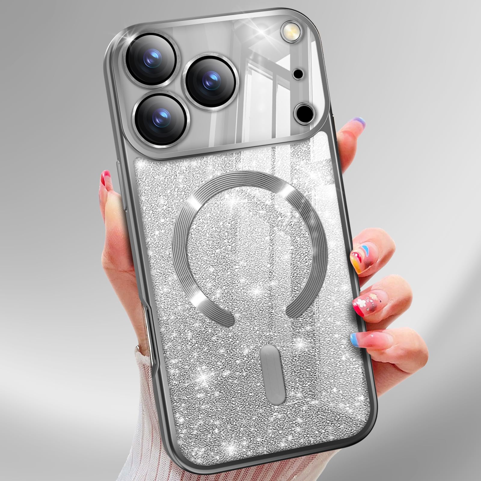 Oyfcasel Glitter Designed for iPhone 17 Pro Max Case 6.9"[Privacy Screen Protector*1],Compatible with MagSafe,with Camera Lens Protector,Magnetic Bling Sparkly Anti-Scratch Plating Bling Case Silver