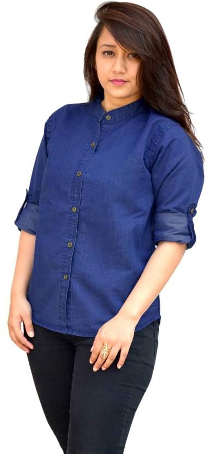 trendy frog women long sleeve solid denim shirt top, blue
