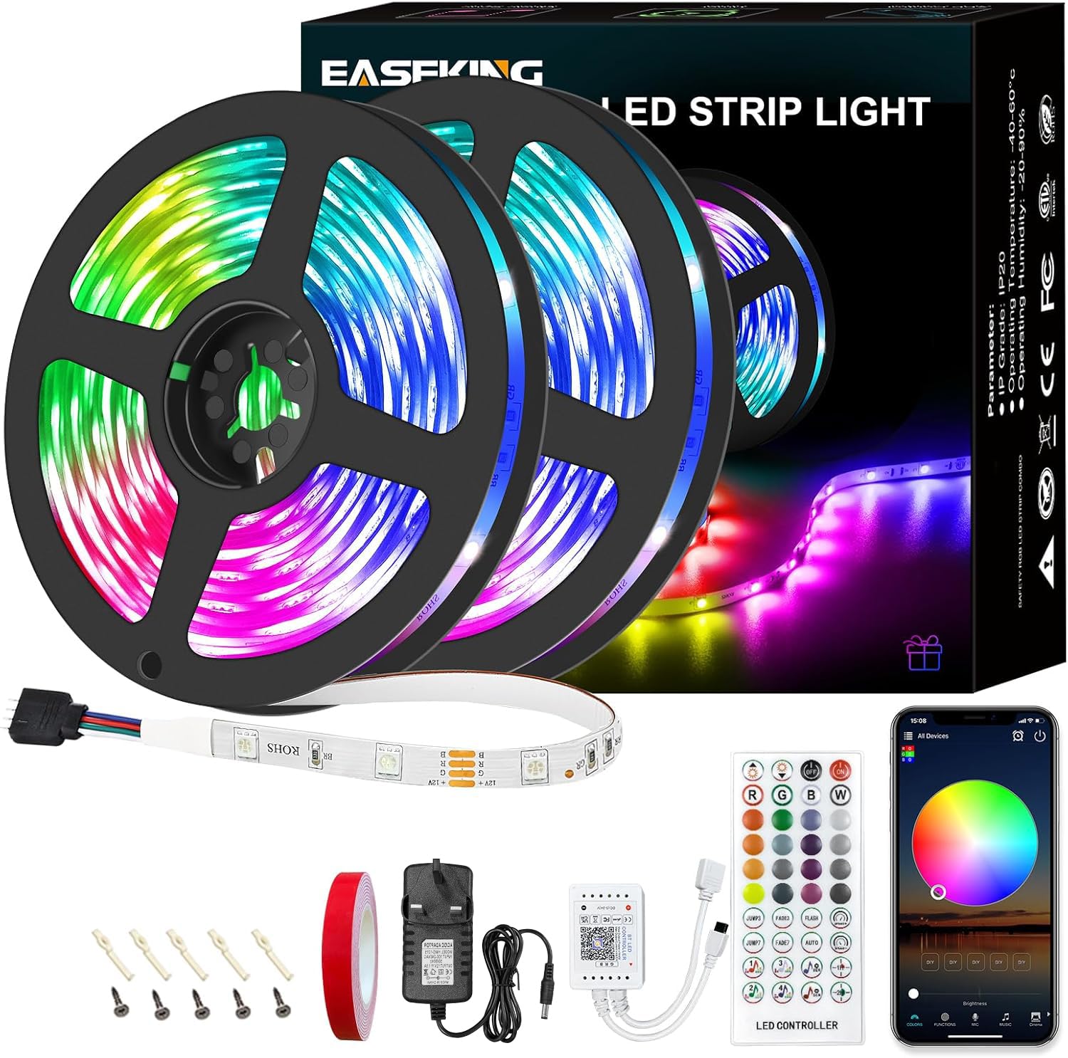 easeking Led Strip Light Outdoor IP65 Waterproof App and IR Remote Control, Led Lights for Bedroom Cuttable and Linkable, Led Strips for Room Decor RGB Led Strip (10M/32feetA)