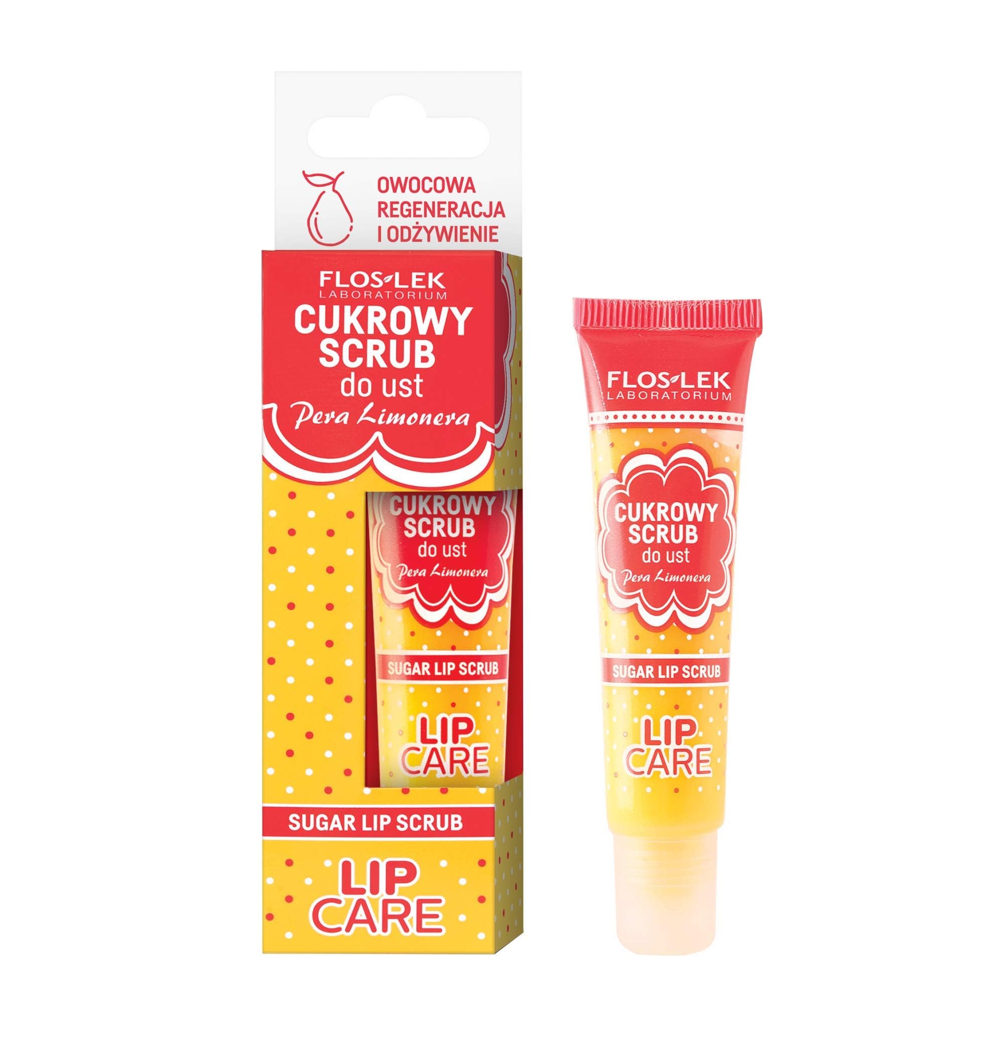 FLOSLEK Lip Scrub Pera Limonera | 14 g | Natural Sugar Crystals Removing Cuticles from Chapped Dry Lips | Contains BeesWax & Shea Butter | Fruit Regeneration & Nutrition | Juicy Pear & Grape Flavour