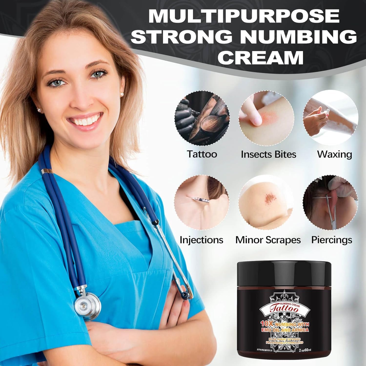 8 Hours Maximum Strength Tattoo Numbing Cream (2oz/ 60ml), Numbing Cream for Tattoos Extra Strength with 10x Numbing, Emu Oil and Arnica - 2oz/ 60ml