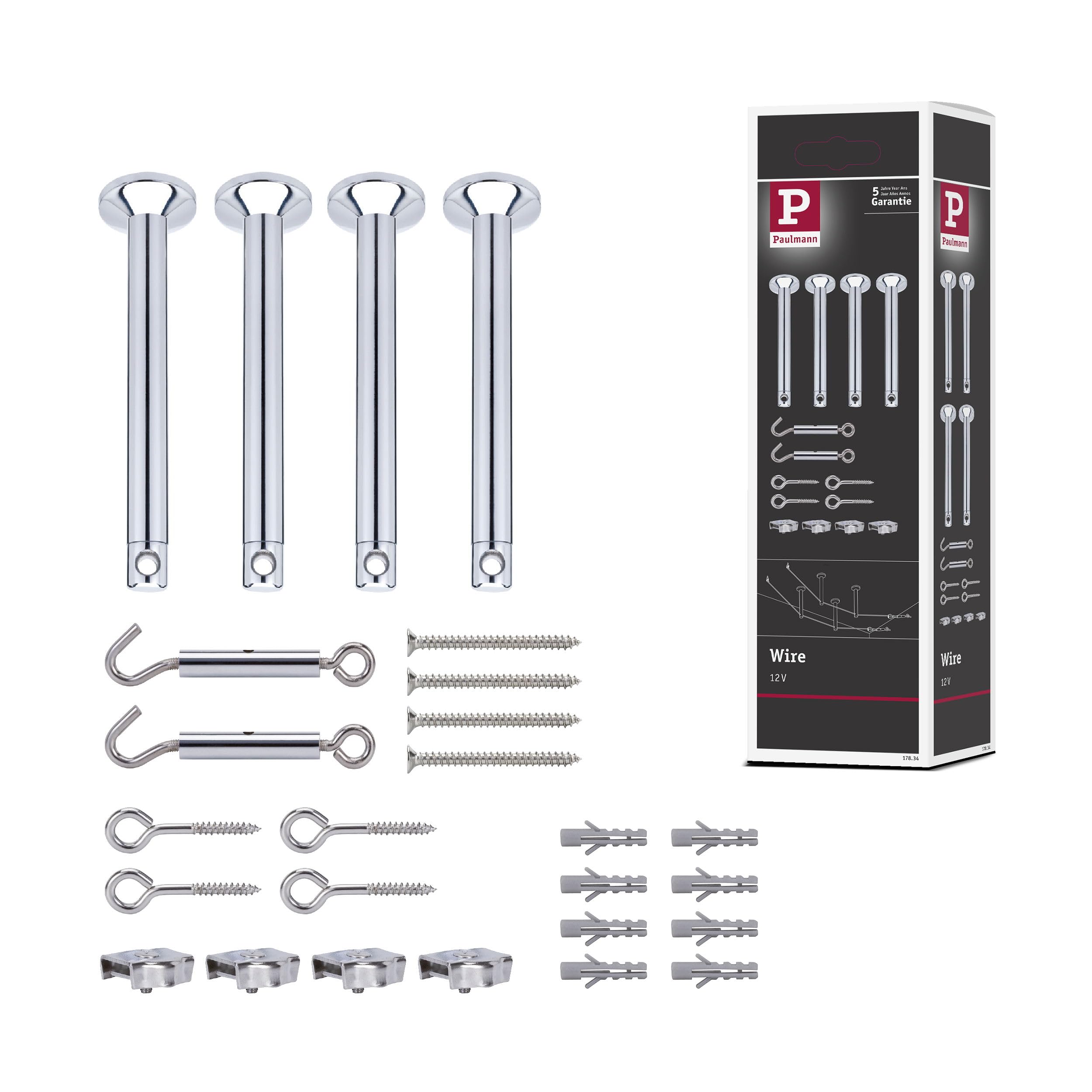 Paulmann 17834 Cable Accessory Tension mounting Set 165 mm Chrome Accessories Halogen Cable Systems 12V Includes Deflector Cable Eyelets dowels Cable tensioner Flat Clips