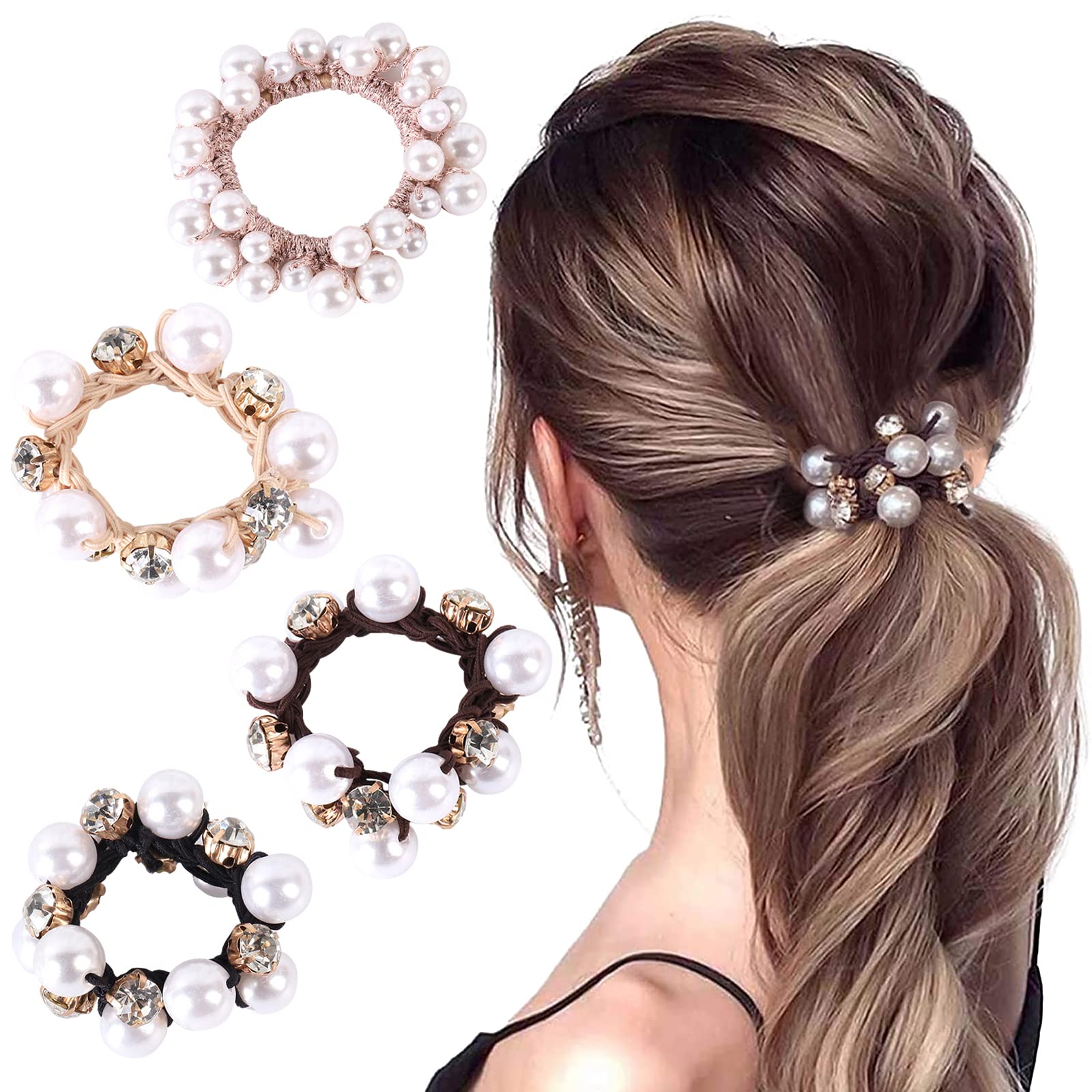 VidFair 4 Pcs Women's Hair Bobbles Beads Hair Accessories Hair Ropes Strong Elastic Stretchy Pearl Crystal Hair Bun Ropes Ties Hair Ponytail Scrunchies Bands Holder Bracelet Hair Clips for Women Girls