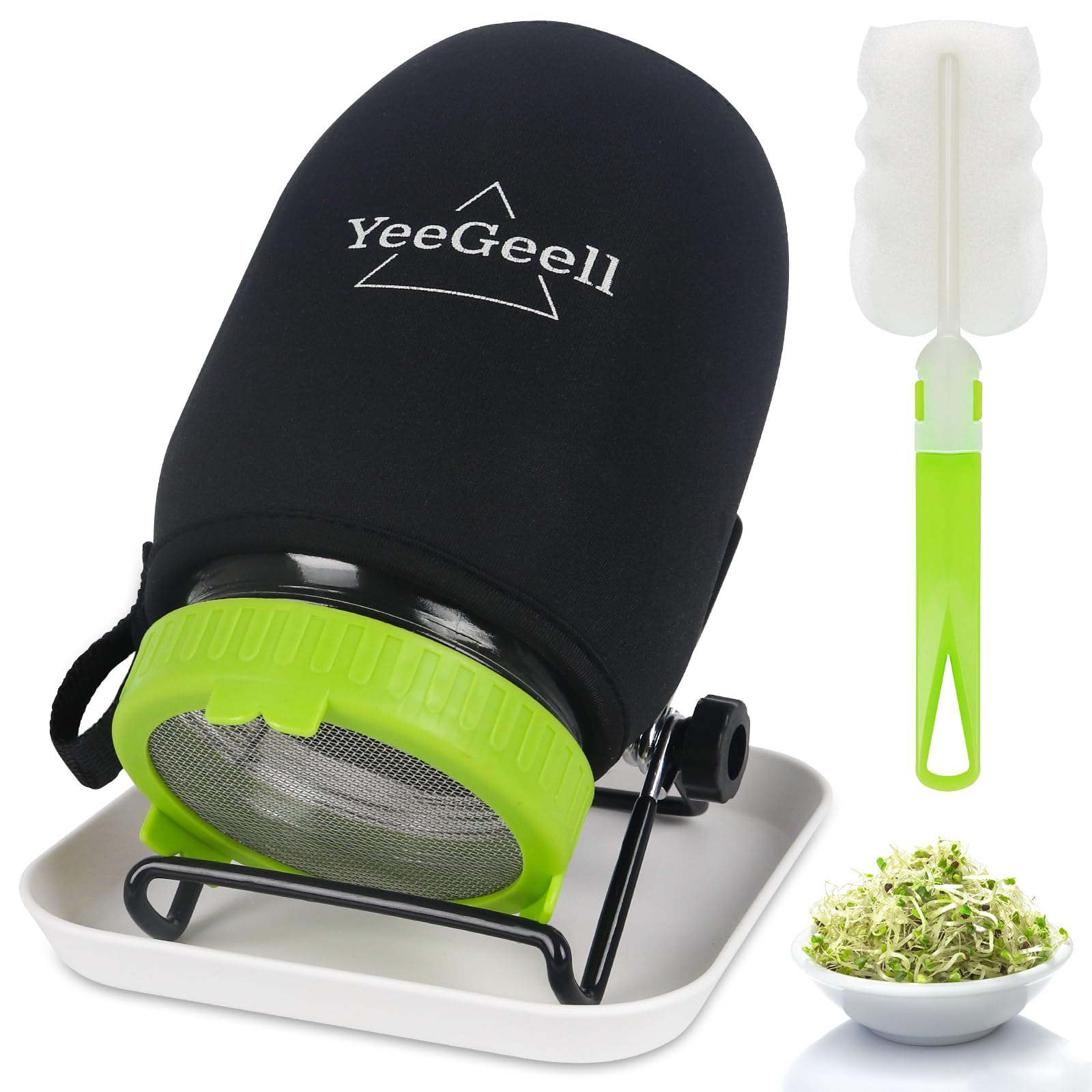 Photo 1 of Premium Sprouts Growing Kit, Sprouting Jar Kit & Superior Sprout lid, Blackout Sleeves, Drain Tray, Stainless Steel Stand, Growing Kit for Broccoli, Alfalfa, Beans & Mushroom by YeeGeell (Single)