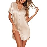 Ekouaer Women's Satin Nightshirt Button Down Sleepshirt Silk Short Sleeve Nightgown V Neck Sleepwear Night Shirts