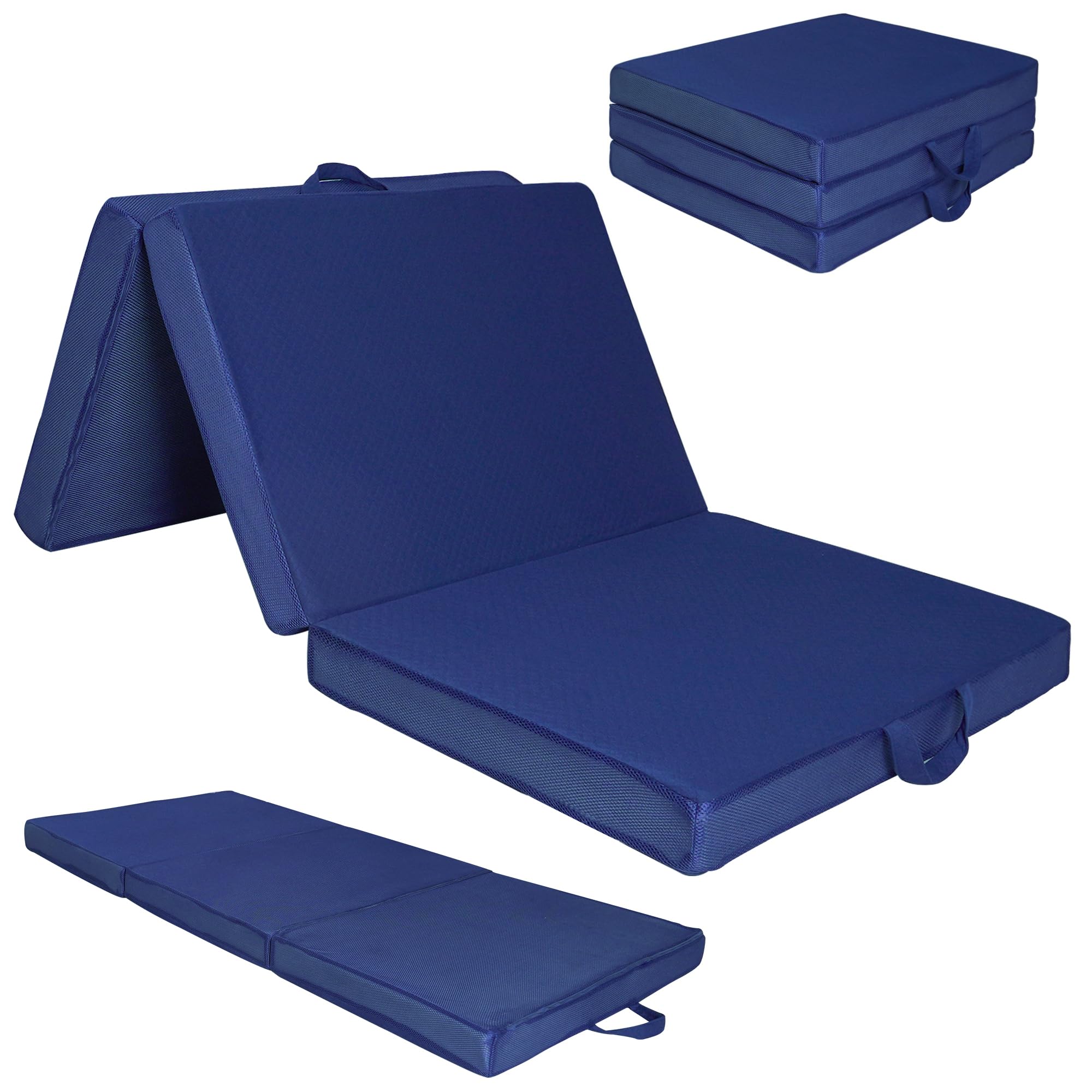 マットレス シングル 三つ折り 折り畳み 極厚10cm 高反発 210N 25D リバーシブル ニット＆メッシュ 取っ手付き 洗えるカバー 抗菌防臭 体圧分散 程良い硬め 通気 オールシーズン 195×97×10cm ネイビー商品画像