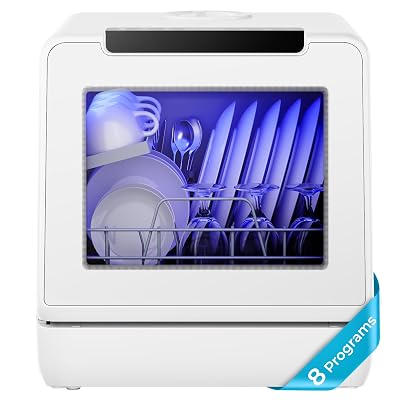 EUHOMY Countertop Dishwasher, 8 Programs Portable Dishwasher with 5L Built-in Water Tank and Inlet hose, No Hookup Needed, Mini Dishwasher with Self Clean/Baby Care/Air Dry, for Apartments, RVs, White