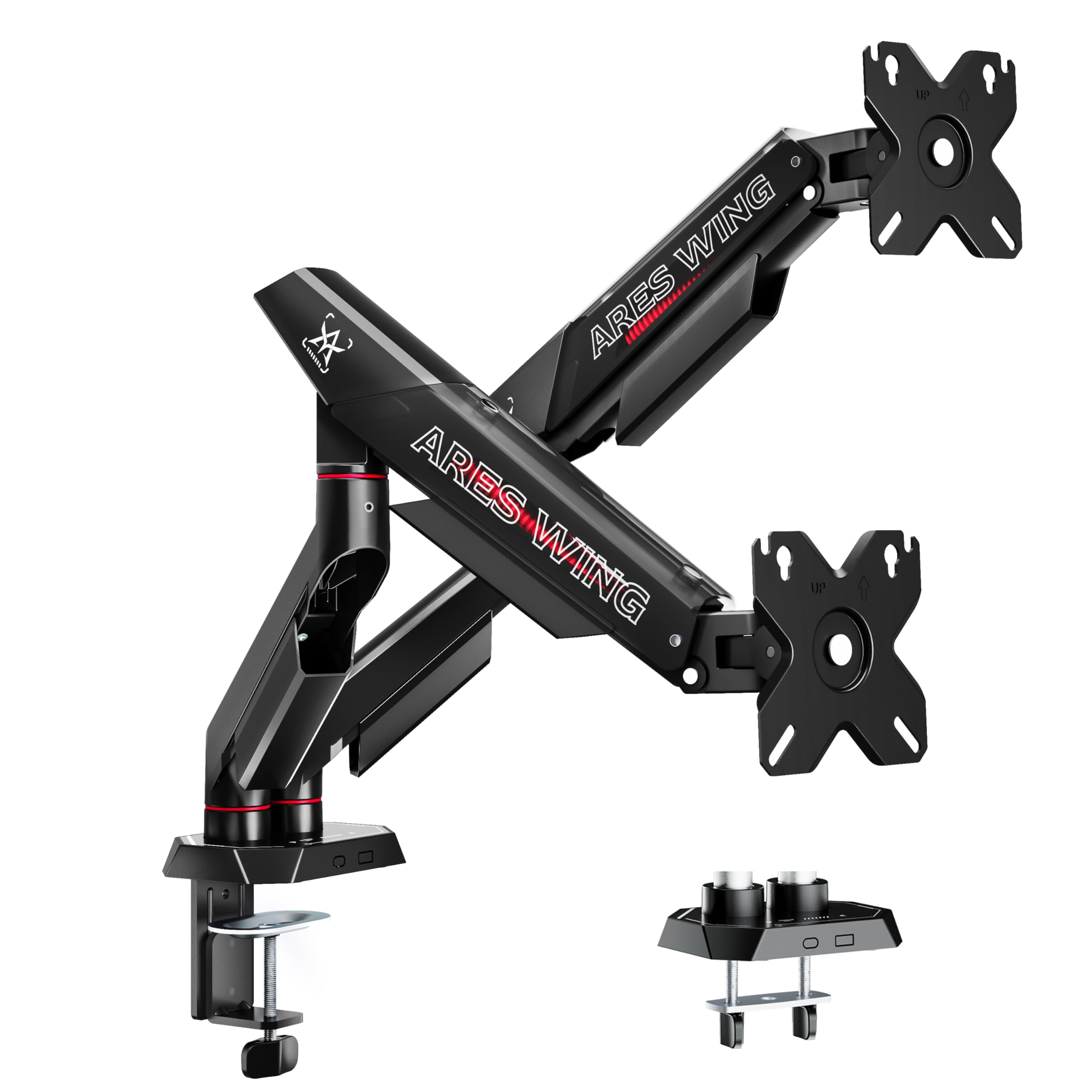 ARES WING Monitor Halterung 2 Monitore für 17–35" Bildschirme,Dual Monitorarm mit 2–12 kg Tragkraft,Bildschirmhalterung Höhenverstellbar, 75/100mm Vesa-Halterung,Schwarz