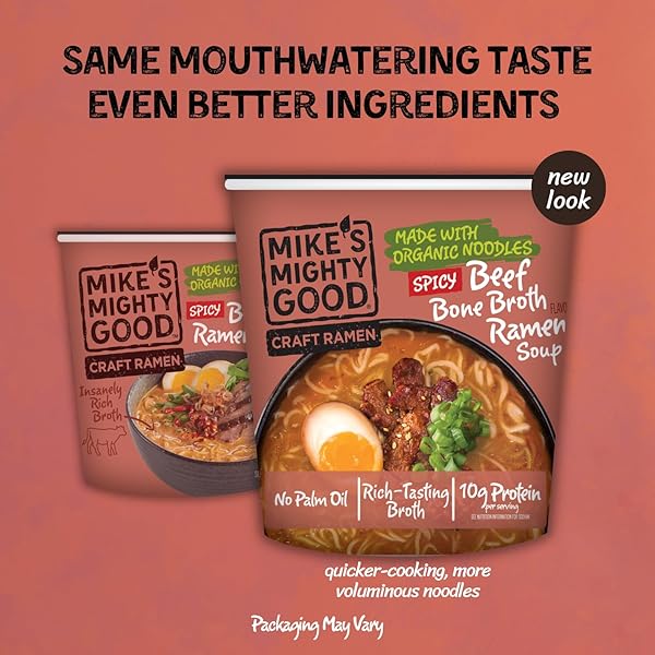 MIKE’S MIGHTY GOOD SPICY BEEF BONE BROTH RAMEN CUP (PACK OF 6) – 10G PROTEIN INSTANT RAMEN NOODLES – ORGANIC STEAMED, NON-GMO, PALM OIL-FREE – RICH TASTING, NO ARTIFICIAL FLAVORS