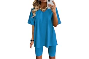 AGSEEM Two Piece Outfits For Women Summer V Neck T-Shirt Tops Biker Shorts Workout Sports Tracksuit