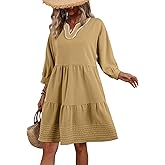 BLENCOT Summer Dresses for Women Casual V Neck 3/4 Puff Sleeve Boho A-line Tiered Babydoll Dress