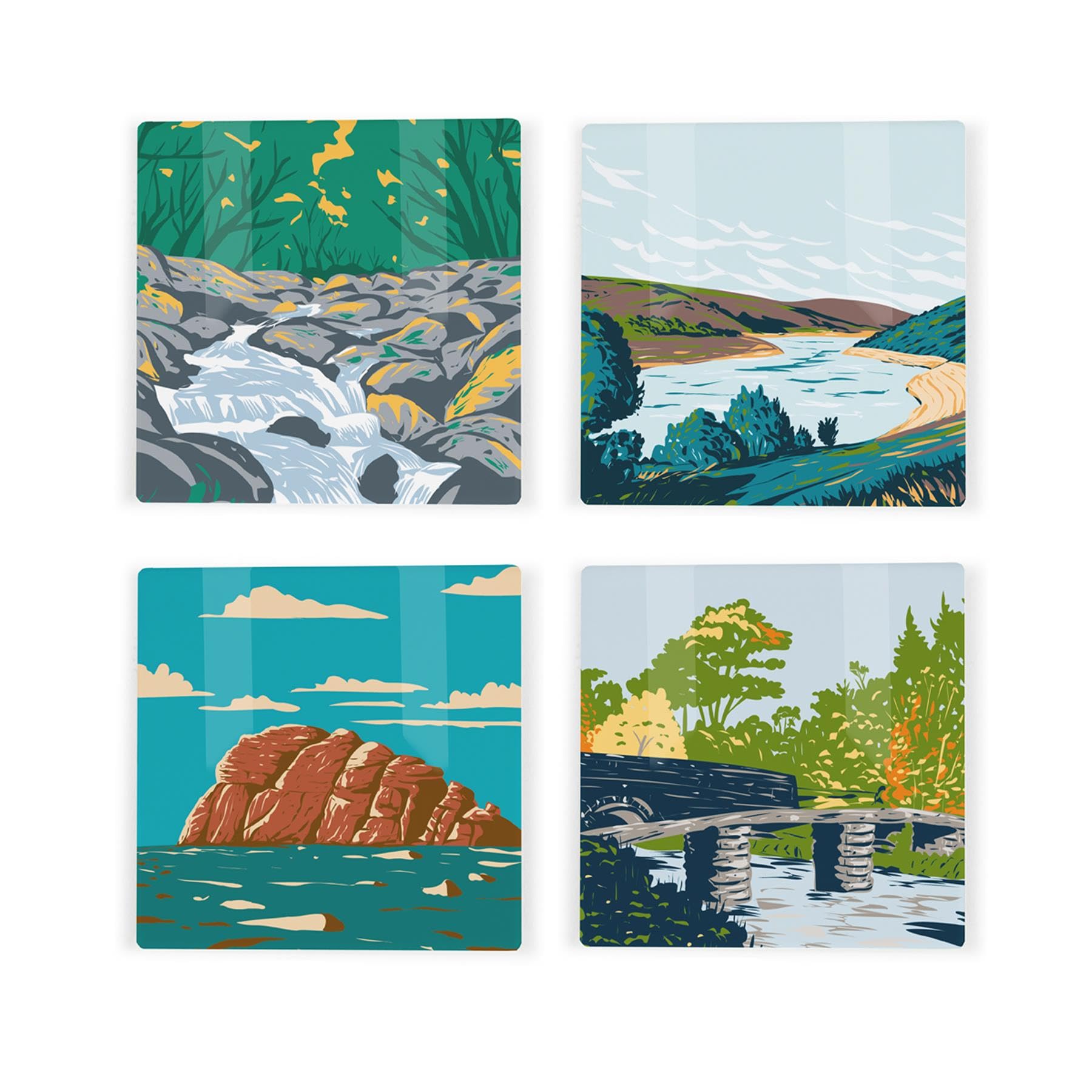 Dartmoor Ceramic Coaster Set - Devon UK Landmarks/Landscapes Square Set of Four (4) Coasters Gift
