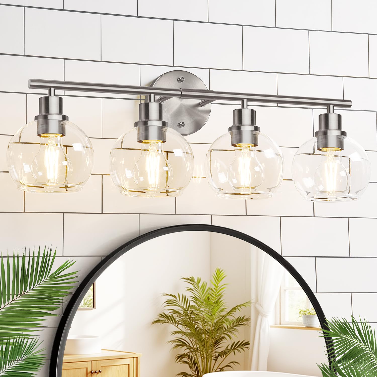 Photo 1 of Indoi 4-Light Bathroom Light Fixtures, Brushed Nickel Modern Vanity Lights Over Mirror with Clear Glass Globe Shade, Bathroom Wall Sconces for Mirror Kitchen Living Room Hallway Cabinet Bedroom Porch