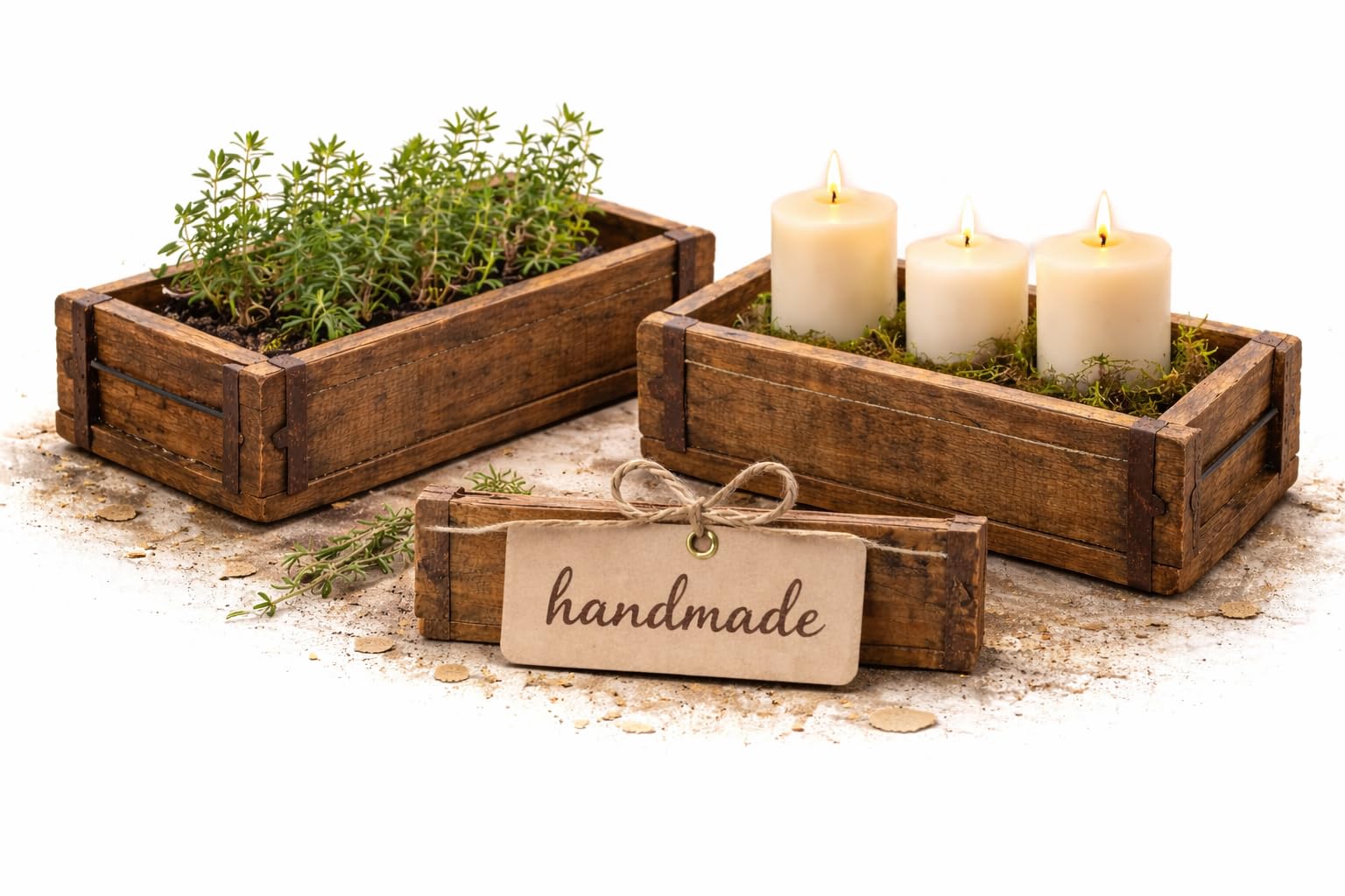 MC-Trend Pack of 2 Wooden Brick Shapes - Rustic Wooden Box for Planting - Reclaimed Wood Flower Box - Brick Shape with Metal Fittings - Each Piece is Unique - Wooden Goat Shape