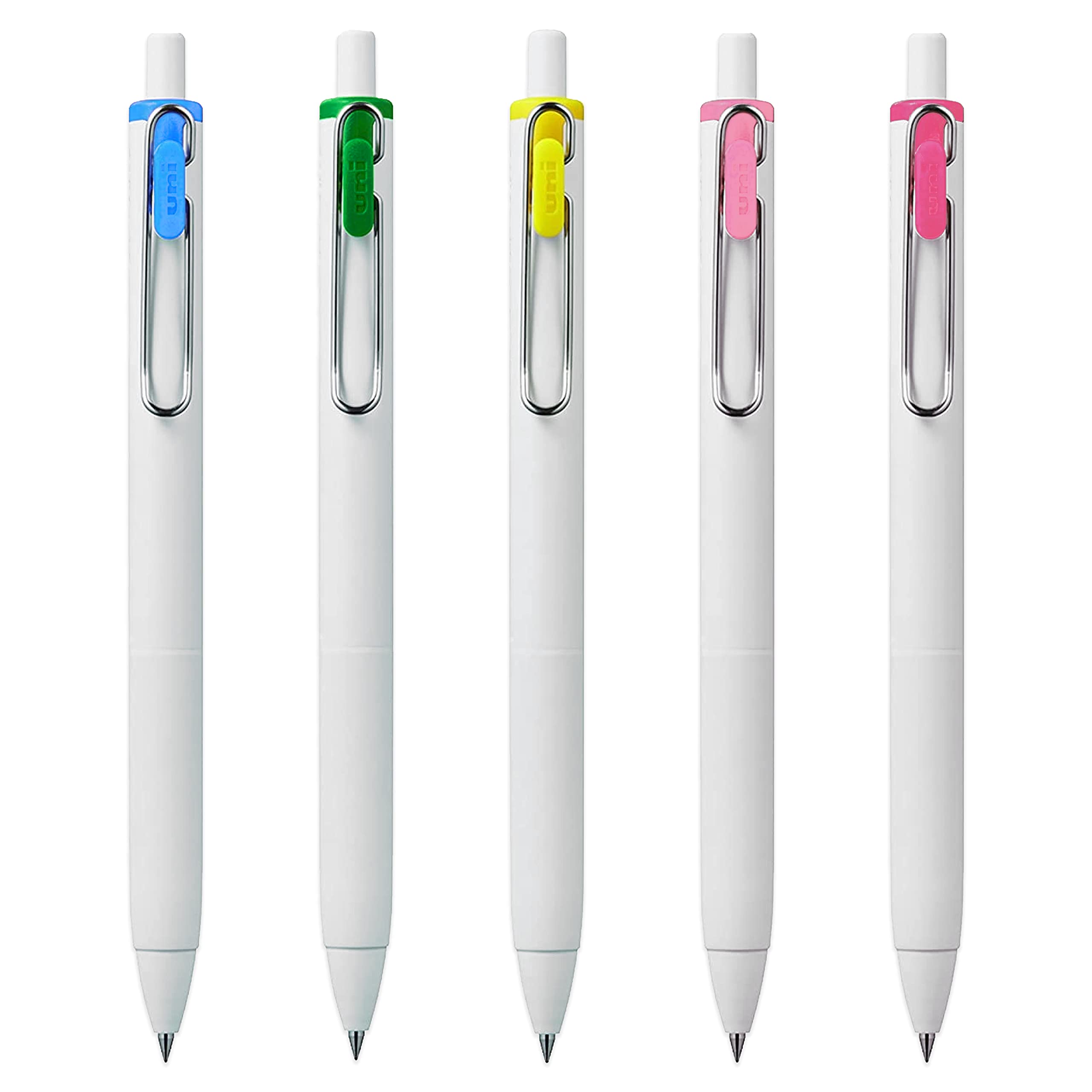uni-ball UMN-S-05 Retractable Gel Ink Rollerball Pens - 0.5mm Tip Nib - White Barrel - Sky Blue, Green, Yellow, Light Pink, Pink Ink - Pack of 5