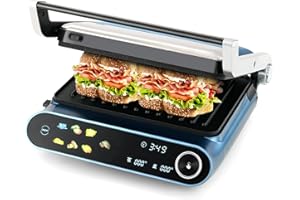 Happygrill Electric Indoor Grill, 1200W Panini Press Griddle w/ 2 Non-Stick Dishwasher-Safe Plates, 7 Grilling Modes, LED Dis