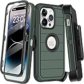 KECAI for iPhone 14 Pro Max Case with Belt Clip Holster,Built-in Screen Protector,Heavy Duty Shockproof Drop Proof Military Grade Protective Cover with Kickstand for Apple 14 Pro Max (Dark Green)
